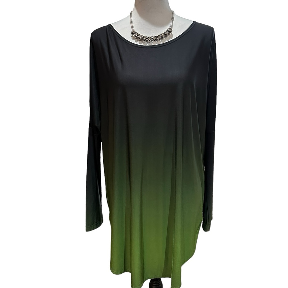 LBISSE Green Dress Ombré Tunic Round Neckline Drop‎ Shoulder Long Sleeve Casual